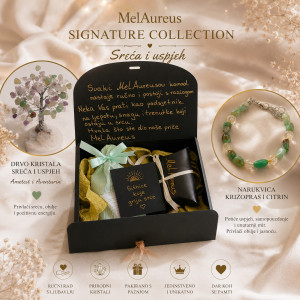 Ručno izrađena MelAureus Signature Collection – Sreća i uspjeh s drvom kristala, narukvicom od krizoprasa i citrina te elegantnim poklon pakiranjem. Jedinstven poklon koji postoji samo u jednom primjerku.